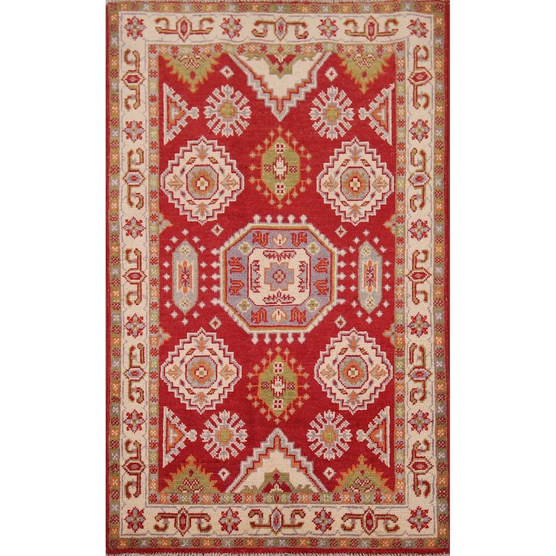 Geometric Red Kazak Accent Rug Hand-Knotted Oriental Wool Carpet - 2'7" x 4'1"