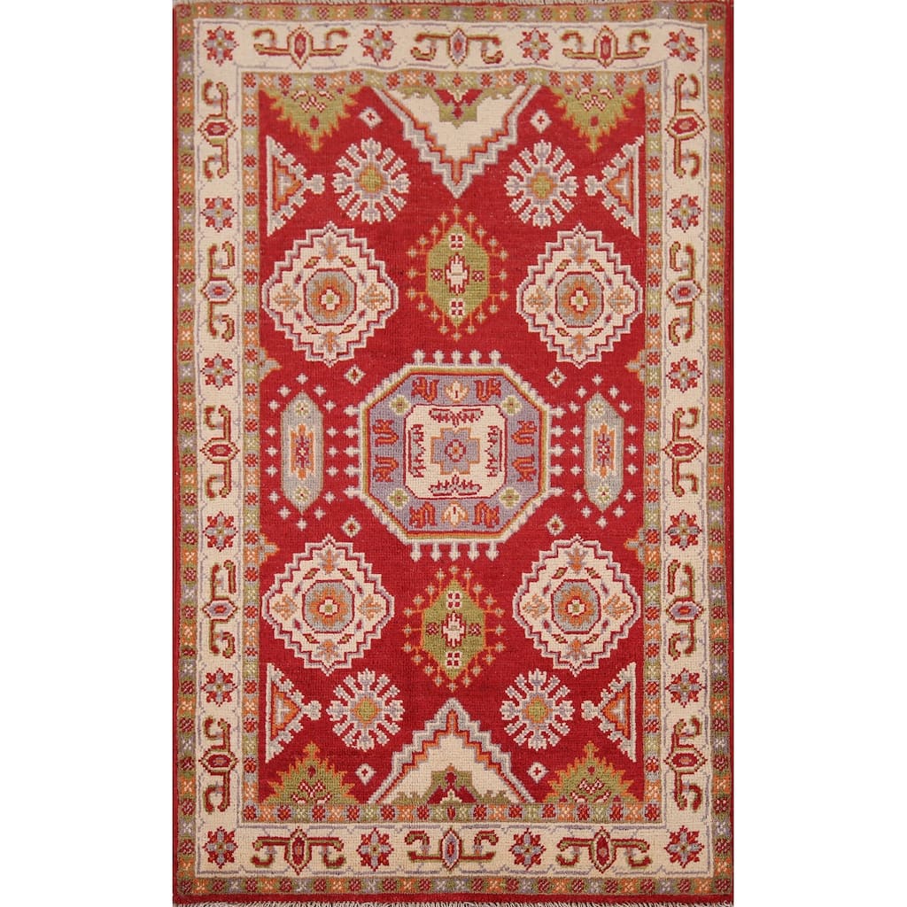 Geometric Red Kazak Accent Rug Hand-Knotted Oriental Wool Carpet - 2'7" x 4'1"