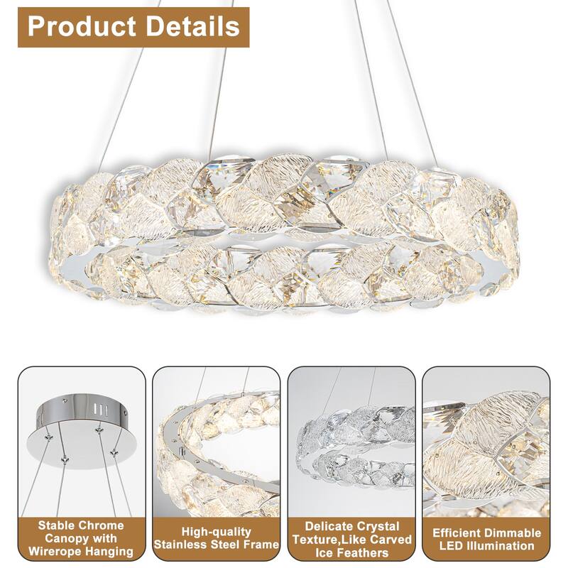 Ring Chrome LED Chandelier Textured Clear & Frosted Crystal Panels - Dia.19.69-in