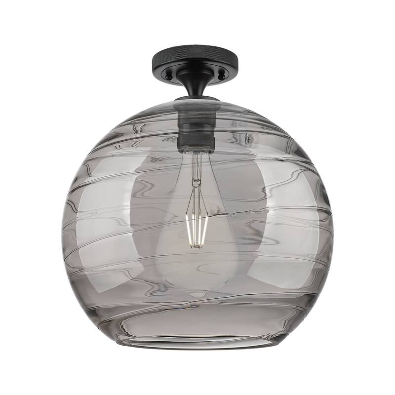 Innovations Lighting 434-1F-10-12 Crown Point Flush Mount Crown Point - Matte Black / Light Smoke Deco Swirl