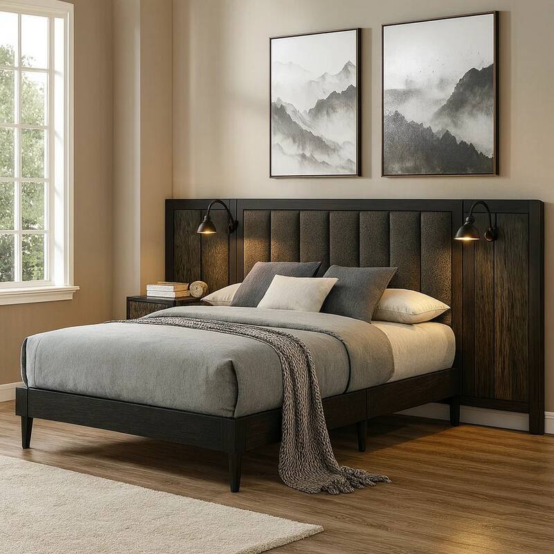 Fel Queen Size Bed, Dark Brown Wood Frame, Upholstered Headboard
