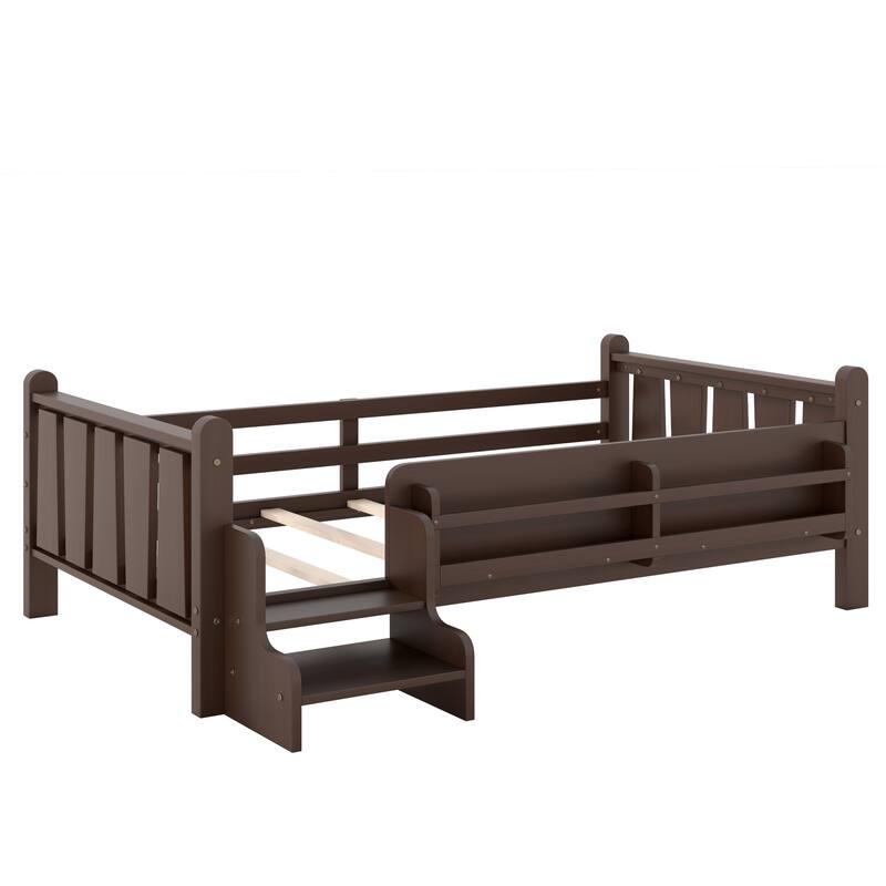 Full/Twin Floor Bed with Storage Bookcases & Cute Stairs - Solid Wood Kids Bed, No Box Spring