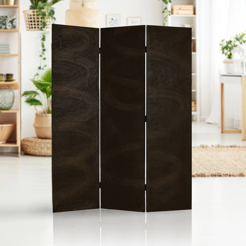 Foldable 3 Panel Canvas Room Divider with Swirl Details, Dark Brown