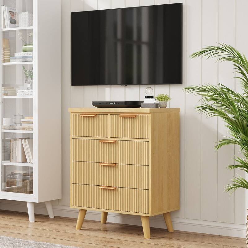 Gymojoy Fluted 5 Drawer Dresser, Modern Wood Chest of Drawers, Closet Dresser Organizer