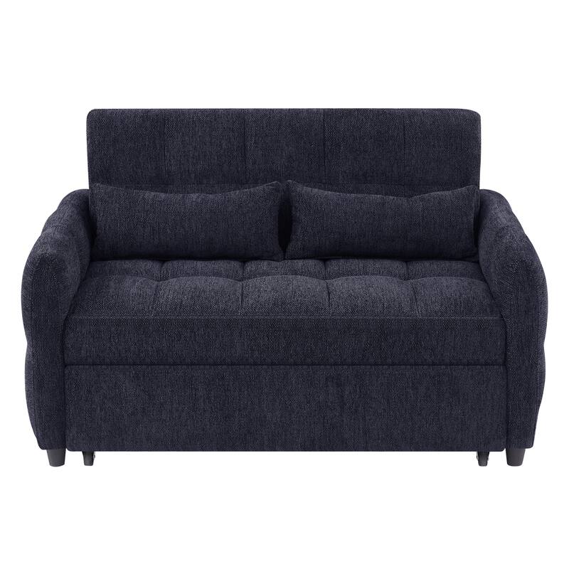 Chenille Loveseat Sofa Pull-out Sofa Bed, Upholstered Futon Sofa Adjustable Backrest Lounge Couch w3 USB Ports & 2 Pillows