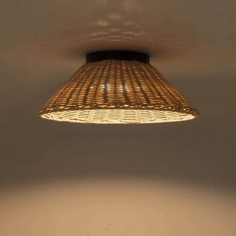 Modern Farmhouse Woven Rattan Umbrella Cone-Shaped Flush Mount Integrated LED Ceiling Light - Beige - 13.4"W x 4.5"H
