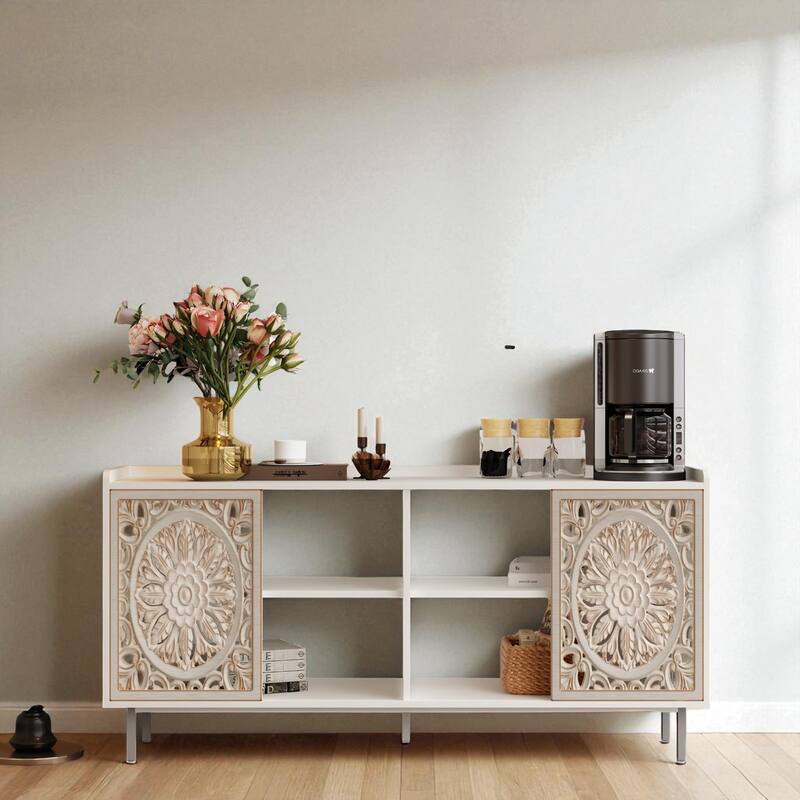 Distressed White Wood Curio Cabinet with Carved Fir Doors and Shelving - Mid-Century Console Table