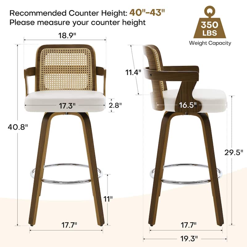 Upholstered Swivel Barstool with Arms and Bentwood Legs - 40.8"H x 18.9"W x 19.5"D/19.3"D