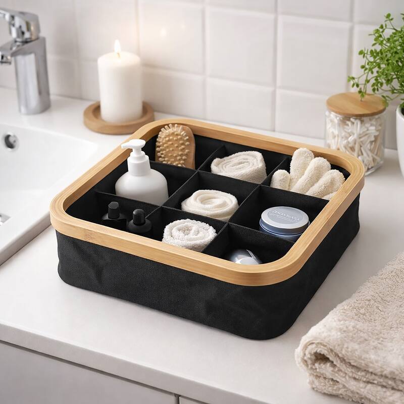 Square Foldable Storage Basket 9-Compartment - 12 L x 12 W x 4 H - Black