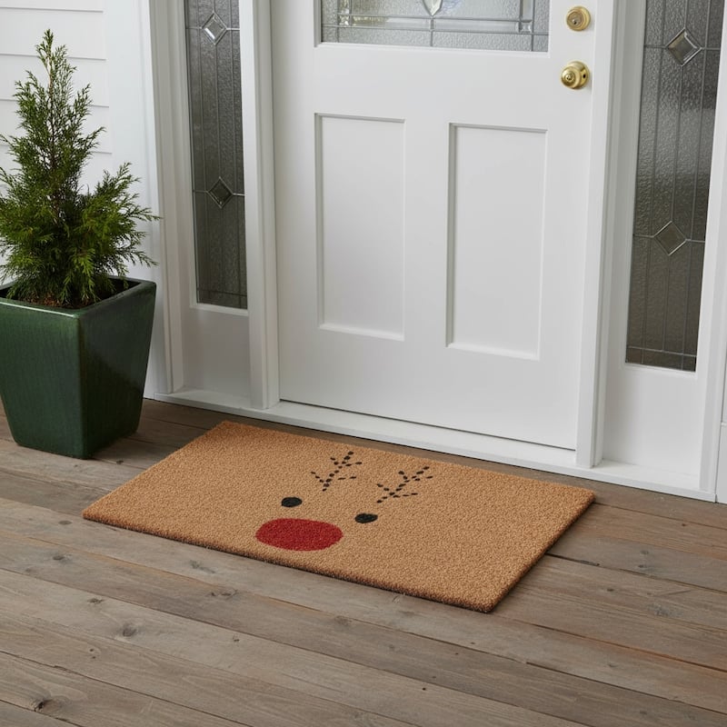 HomeRoots 36" X 72" Brown Red And Black Christmas Reindeer Outdoor Coir Door Mat - 36.00' X '72.00 - 36.00' X '72.00