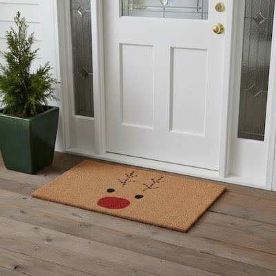 HomeRoots 36" X 72" Brown Red And Black Christmas Reindeer Outdoor Coir Door Mat - 36.00' X '72.00