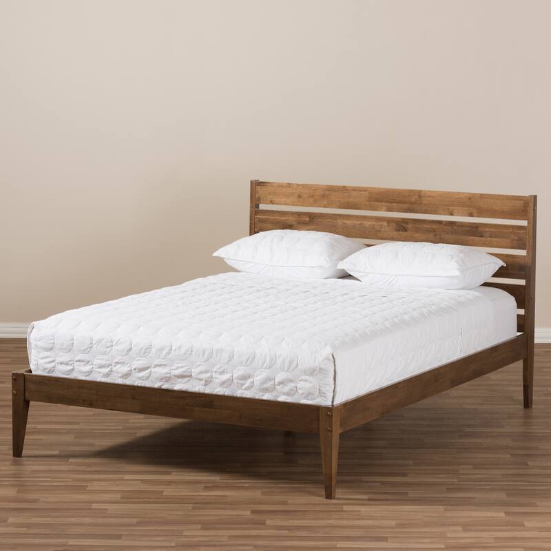 Full Size Platform Bed - Modern Wood Slatted Headboard - Contemporary Bed Frame - Solid Wood Bed