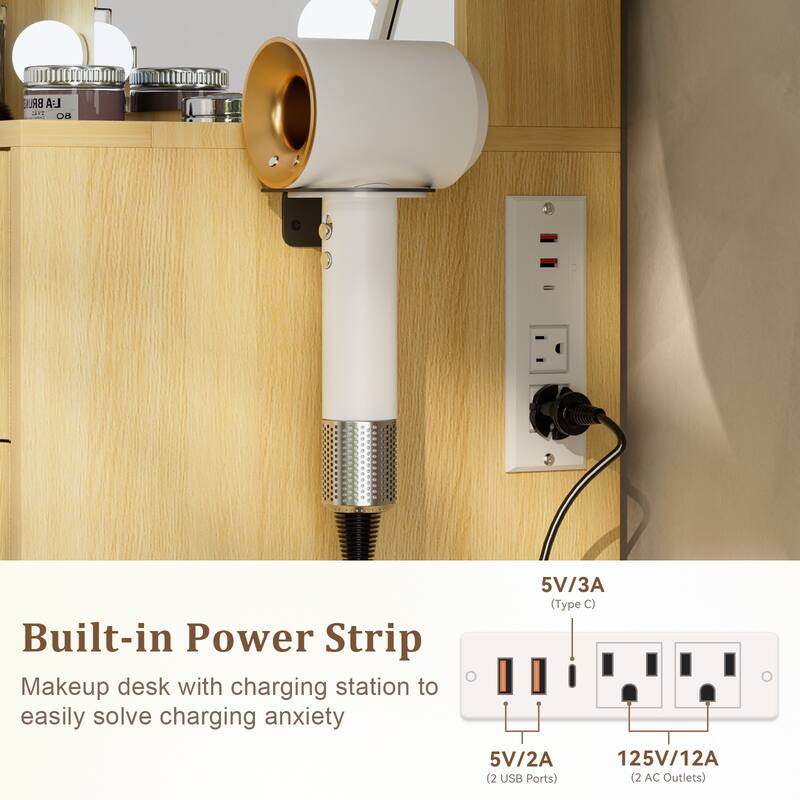 Transparent Tabletop Makeup Vanity Table / 2-Piece Vanity Desk and Stool Set with Charging Station