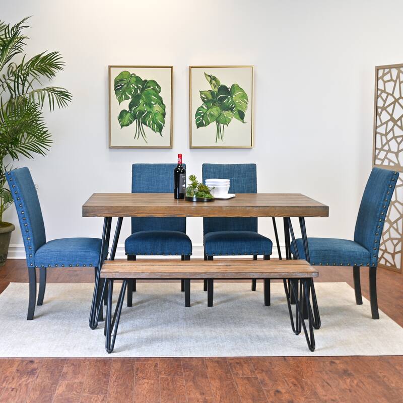 Roundhill Furniture Amisos 6-Piece Dining Set, Hairpin Dining Table with 4 Chairs and a Wood Bench - Blue