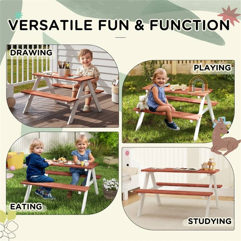 Kids Picnic Table and Bench Set Fir Wood Pecan White Toddler Play Activity Table for 3-8 Years - 35" L x 31" W x 19.75" H