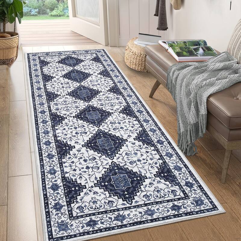 Washable Area Rug Vintage Boho Rug Low Pile Non-Slip Area Rugs Soft Foldable Indoor Carpet - 2'x6' - Blue