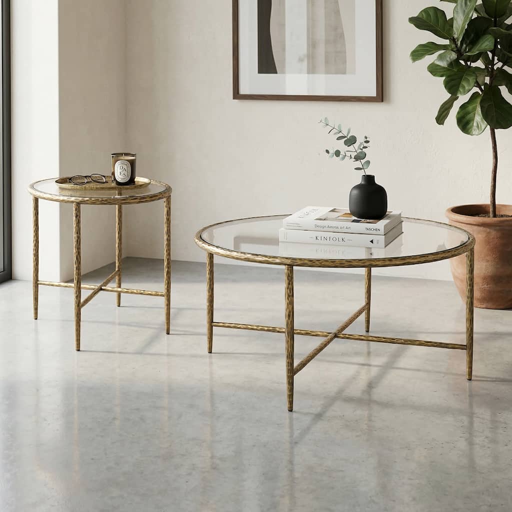 247 Shop At Home Lalia Modern Hammered Metal 2-Piece Round Coffee Table Set