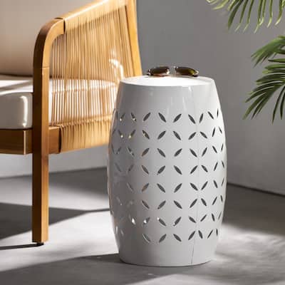 12.25" Modern Round Side Table with Barrel Structure and Iron-cut Design for Living Room or Bedroom