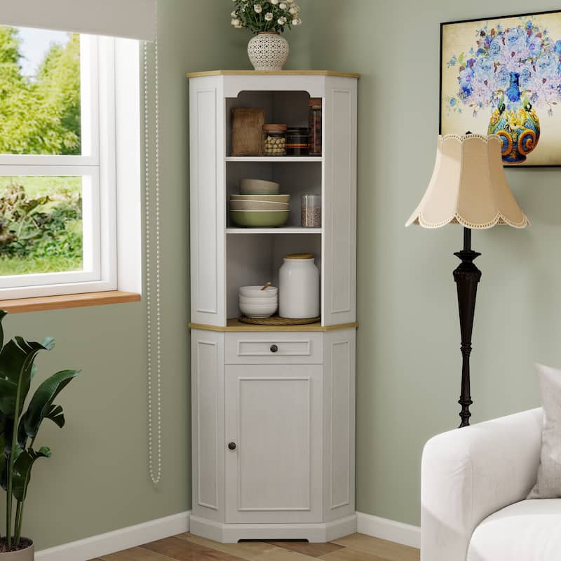 68" Farmhouse Corner Cabinet, Freestanding Storage with Door, Drawer & Adjustable Shelf for Kitchen, Living Room, Bathroom
