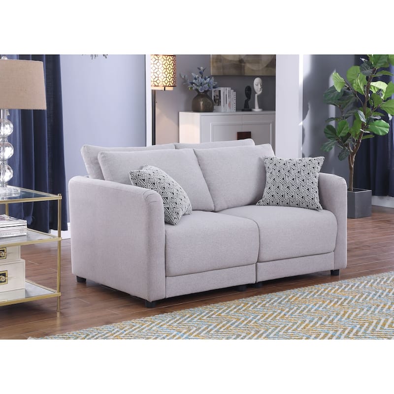 Linen Upholstered Loveseat with 2 Pillows in Light Gray - Light Gray/Black