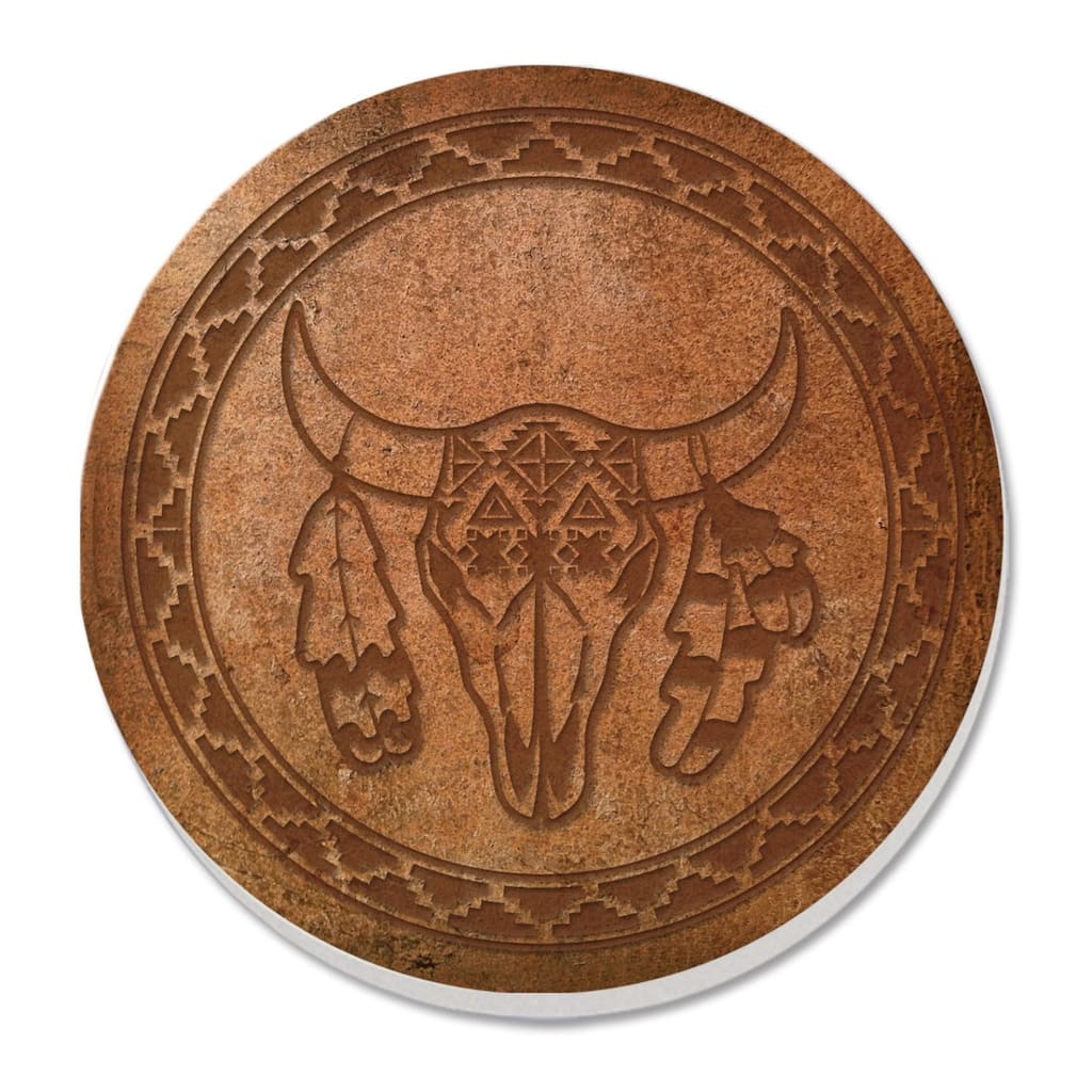Leather Skull 4 Pack Absorbent Stone Coaster with Protective Cork Backing Made in The USA 4" Round, Easily Wipes Clean