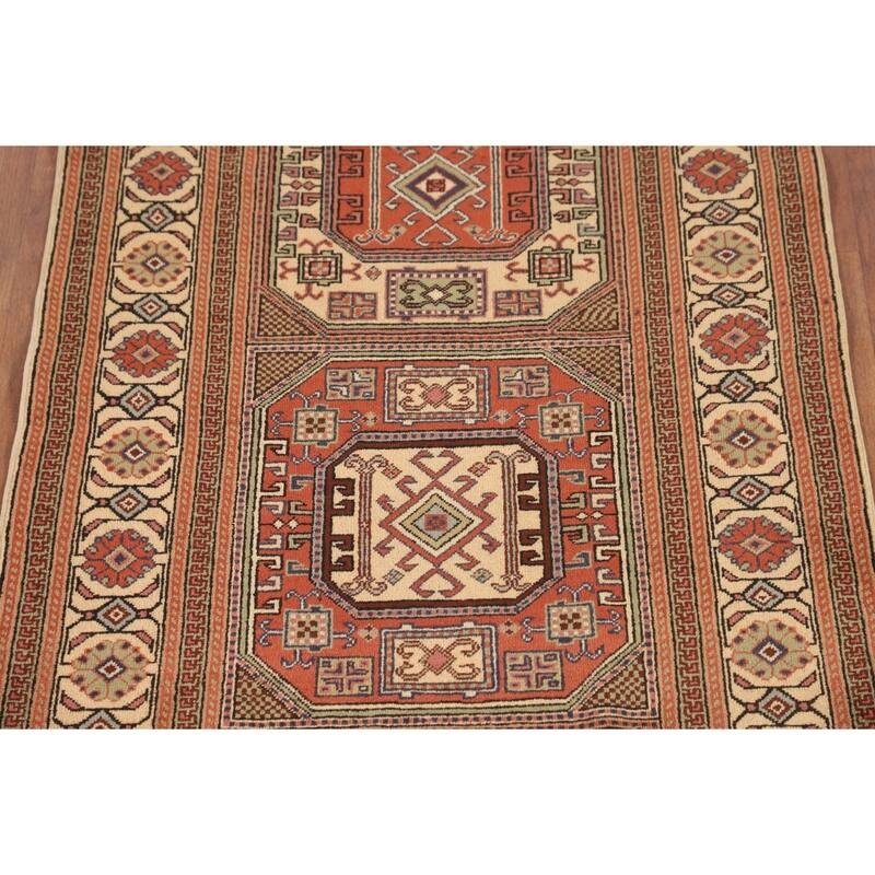 Geometric Anatolian Vintage Runner Rug Hand-Knotted Wool Carpet - 3'1" X 9'10"