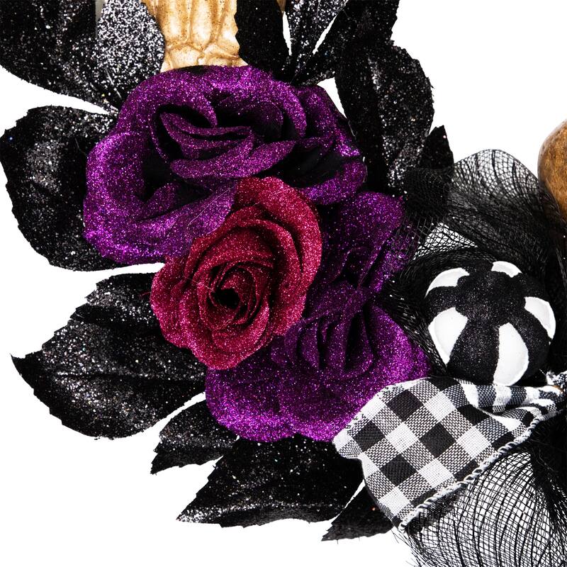 Skull With Hands Purple Roses Halloween Twig Wreath, 22-Inch, Unlit