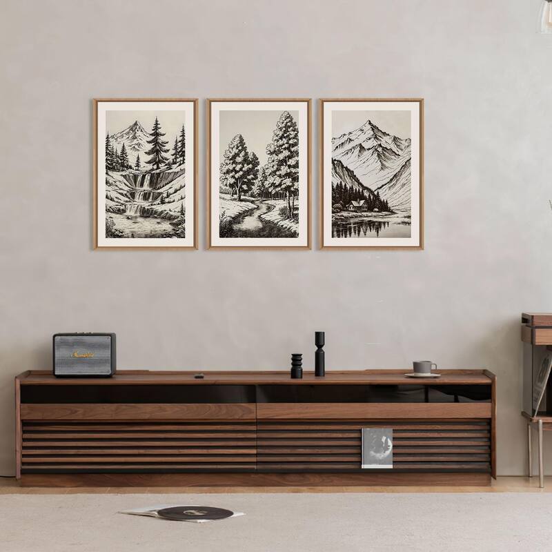 Vintage Mountain Sketch Framed Canvas Wall Art Set