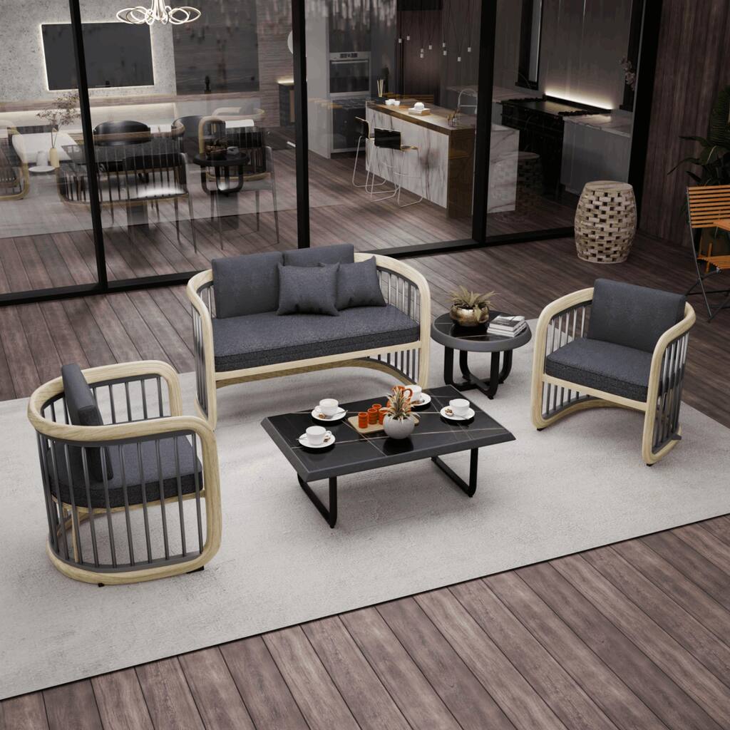 Klyra 5-Piece Indoor/Outdoor Conversation Set in Aluminum Frame with a Rectangular Coffee End Table and Olefin Fabric Cushions