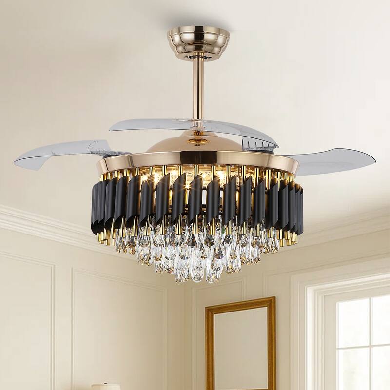 Kviflon 48" Crystal Fandelier Ceiling Fan with Light and Retractable Blades LED Dimmable for Bedroom Living Room - 48 Inches - Gold-2