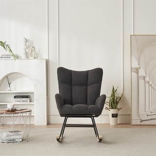 Solid Wood Legs Rocking Chair Nursery with Teddy Fabric Upholstered ...