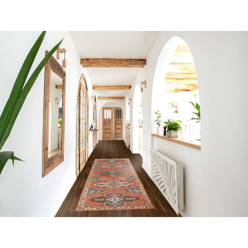 Hand Knotted Oriental 100% Wool Carpet Traditional Geometric Oranges & Rust Kazak Runner Rug - 9' 10'' X 2' 7''