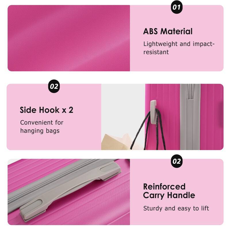 3-Piece, 20, 24, 28-Inch Modern Luggage Sets with Side Hooks and TSA Lock, for Boarding Travel, Pink