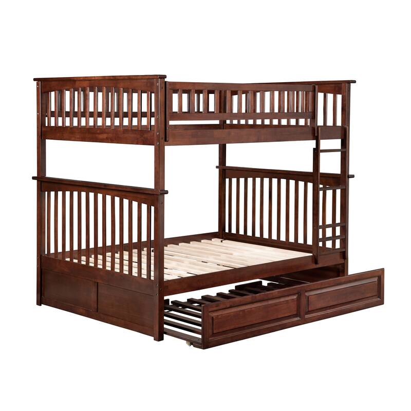 Columbia Bunk Bed Full over Full with Twin Trundle Bed in Walnut