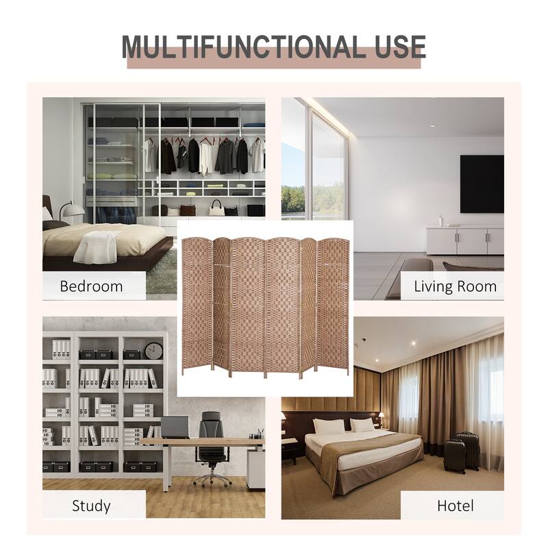 HomCom 6' Tall Wicker Weave Six Panel Room Divider Privacy Screen - Natural Blonde Wood
