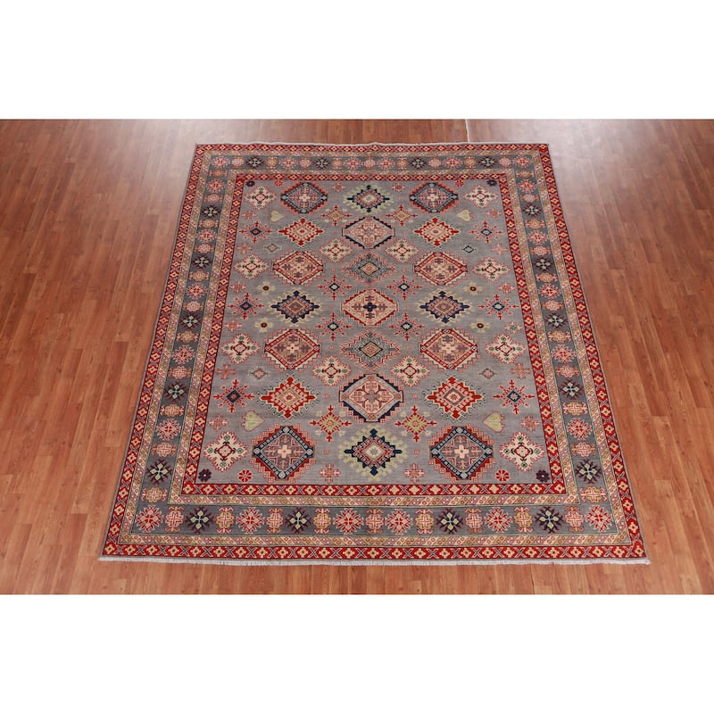 Hand Knotted Oriental 100% Wool Carpet Traditional All-Over Greys & Charcoal Kazak Area Rug - 9' 6'' X 8' 3''