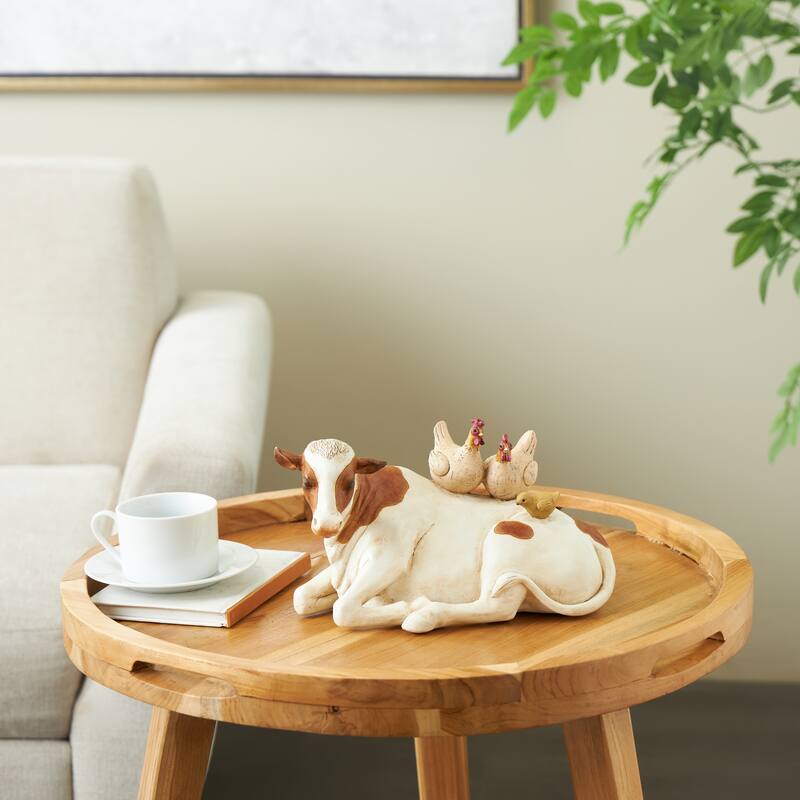 Polystone Cow Decorative Sculpture with Sitting Roosters and Chicks - Copper or Cream