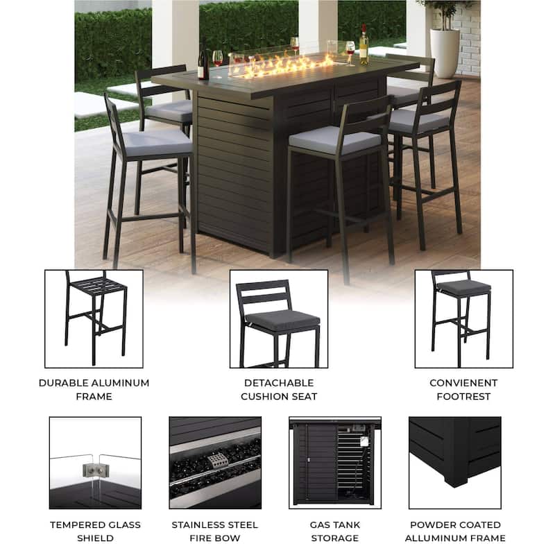 7-Piece Outdoor Patio Bar Height Dining Set in Aluminum with Rectangular Fire Pit Table and 6 Barstool