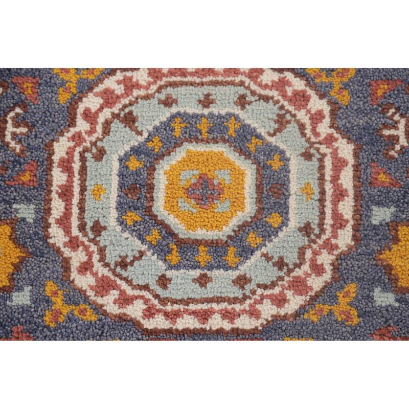 Geometric Blue Kazak Runner Rug Hand-Knotted Wool Carpet - 2'7"x 7'11"
