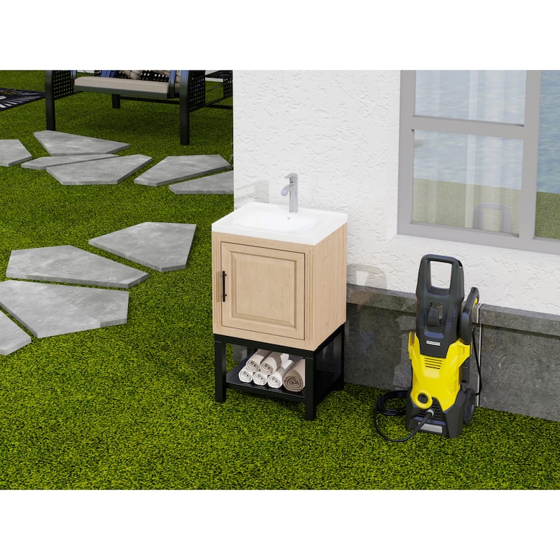 GDFStudio - CompactLine Modern Freestanding Bathroom Vanity with Ceramic Sink and Open Metal Shelf - 20 Inch