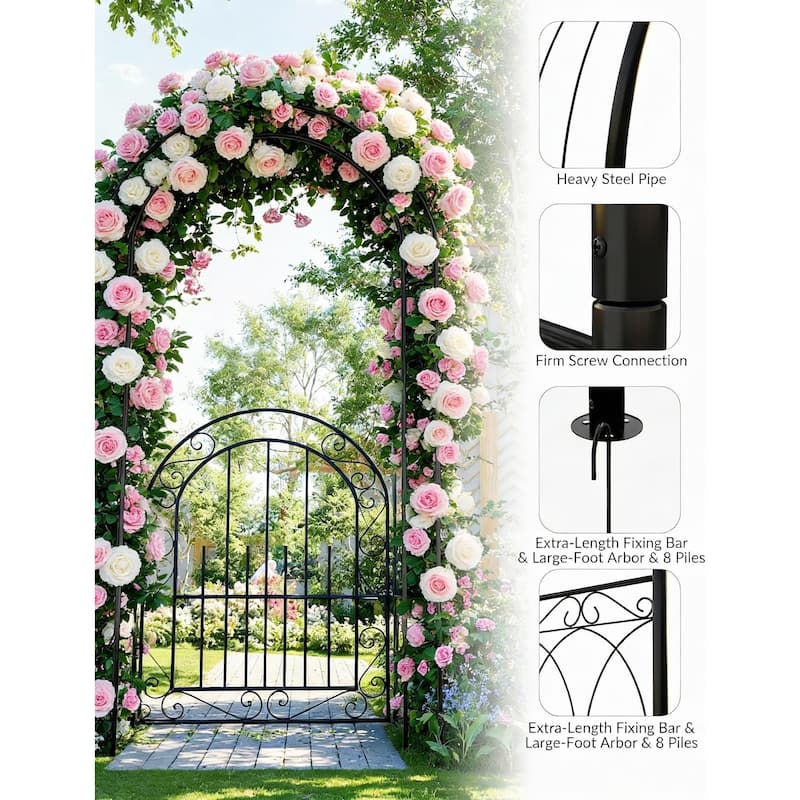 7 FT Classic Black Garden Arch, with Gate