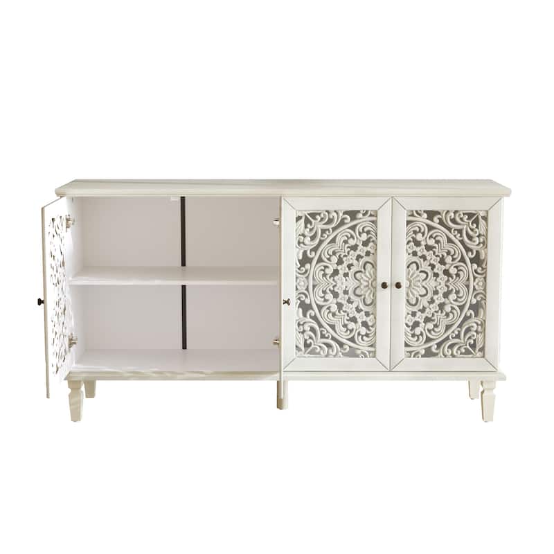 60" Antique Buffet Cabinet with Floral Carvings with Solid Wood Legs&Antique Brass Handles&Adjustable Shelves, TV Stand
