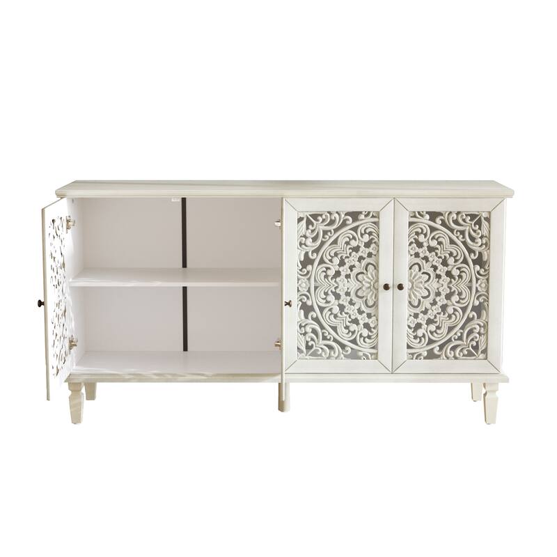 TV Stand Sideboard, Buffet Cabinet with Floral Carvings, Wood Storage Cabinet with Adjustable Shelves