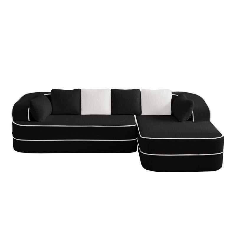 Teddy Fabric Contrast Sofa for Living Room, Upholstered Sectional Couch with L-Shaped Chaise, Boneless Couch with Throw Pillows