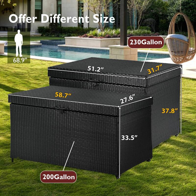 200 Gallon Wicker Deck Box All-Weather Outdoor Storage Box with Wheels Lockable Lid and Water Resistant Storage Bag for Patio