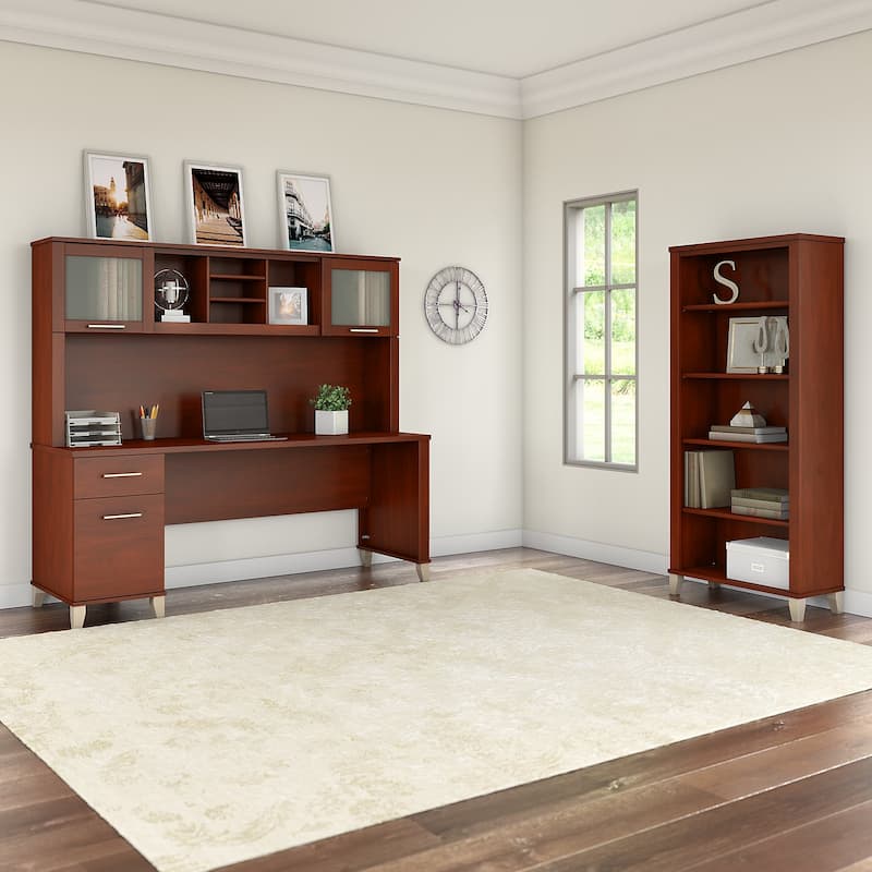Somerset 72W Office Desk with Hutch and 5 Shelf Bookcase in Ash Gray - Hansen Cherry