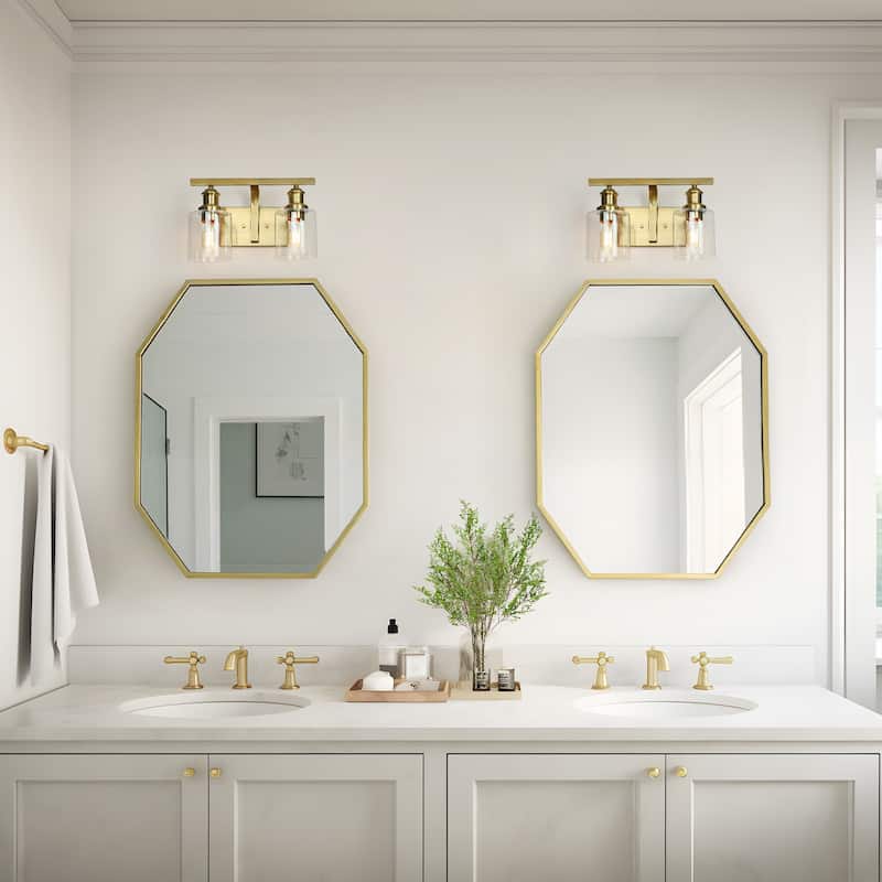 Oriva Modern 2-Light Gold Wall Sconce Cylinder Clear Glass Bathroom Vanity Light - Brushed Electroplated Copper - W14"xD6.5"xH9"