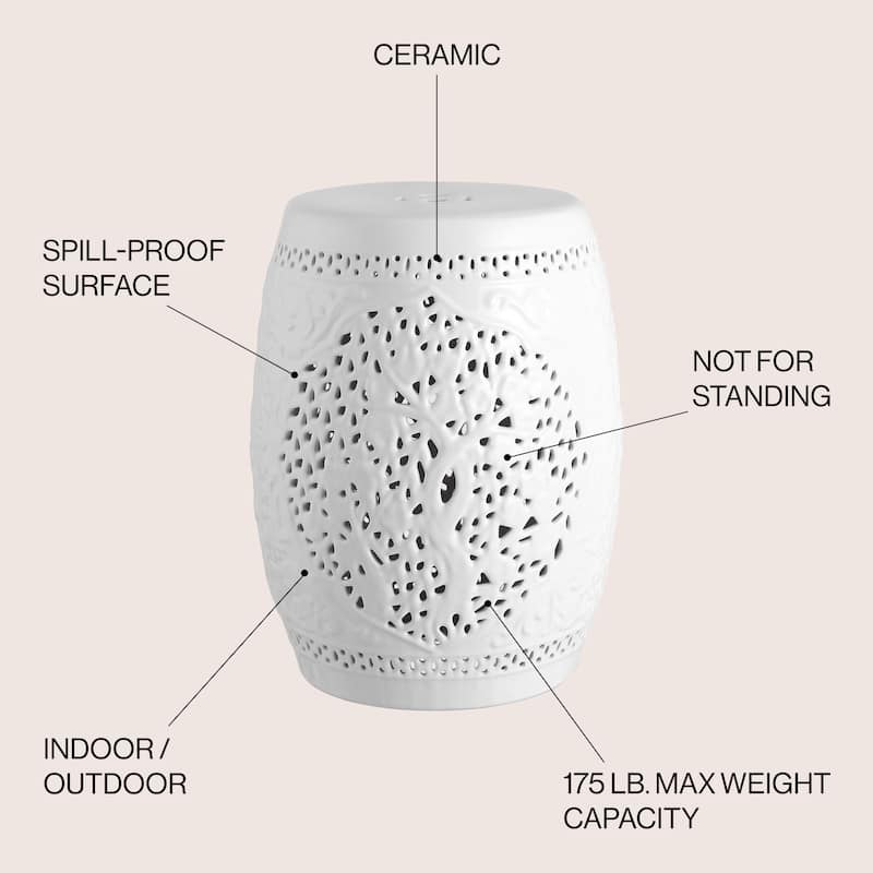 Tree of Life 18" Ceramic Garden Stool, White by JONATHAN Y