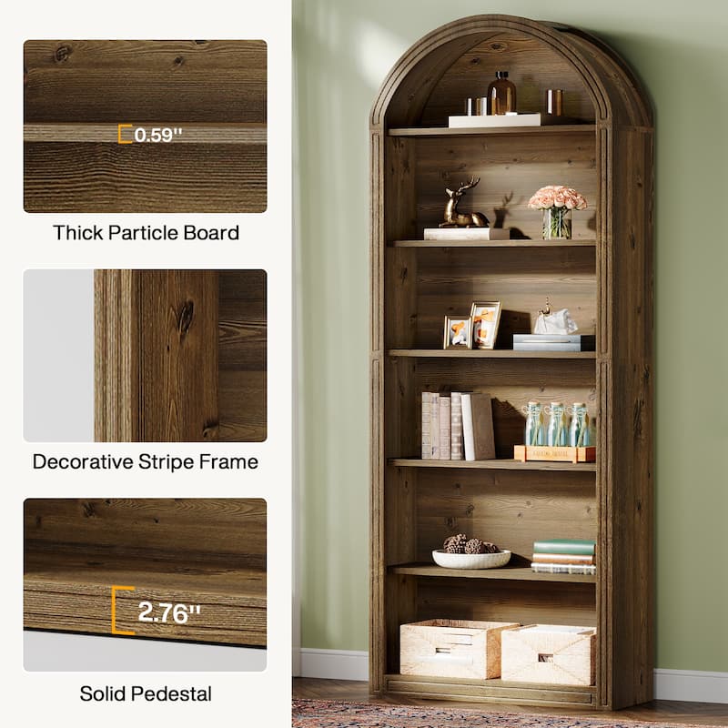 75.98" Tall Arched Bookcase with 6 Storage Shelves - 11.81"D x 31.5"W x 75.98"H