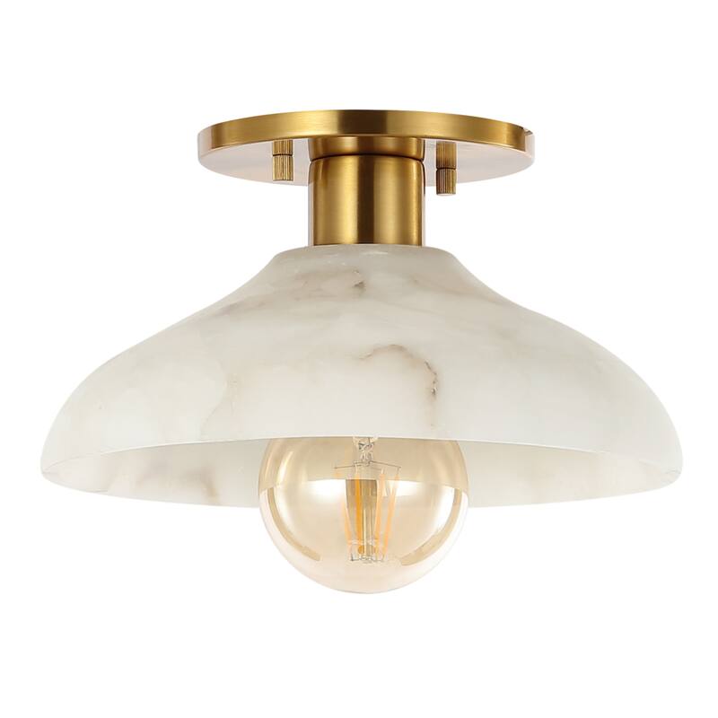 Aubrey 10" 1-Light Mid-Century Classic Alabaster/Iron LED Semi Flush Mount, White/Brass Gold, by JONATHAN Y